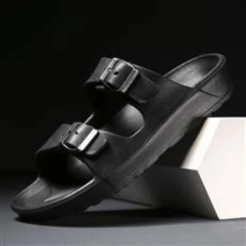 Unisex Black Double Buckle Slide Sandals Thick Cushion EVA Sole, Adjustable Straps Non Slip Slippers For Shower Daily Casual Wea