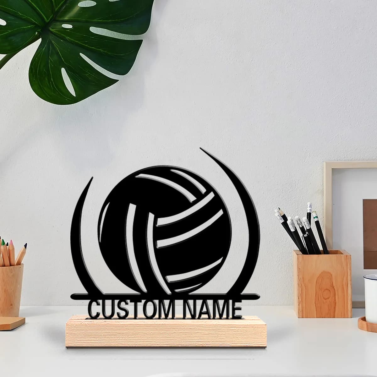 Custom Metal Statue Theme Volleyball with Wood Base, Modern Desk Sculpture for Nature Lovers, Cabin, Office, Minimalist