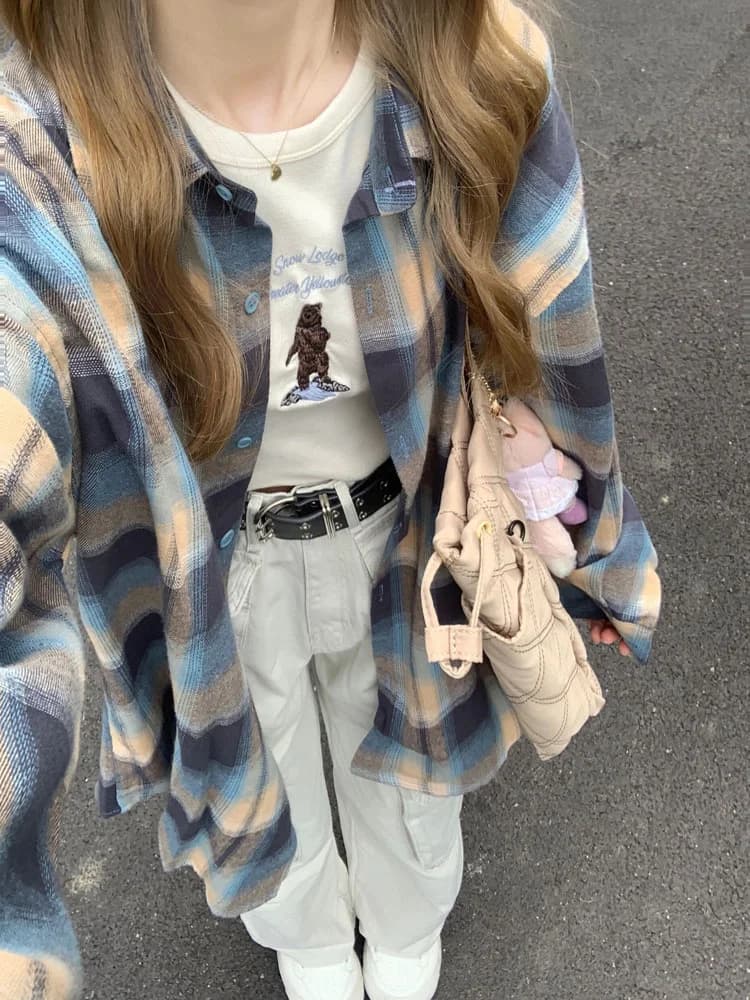 plus Size Women's Shirt Korean Style Spring Autumn Plaid Loose Fit Meat Concealing Student Outerwear Shirt Button Detail Long...