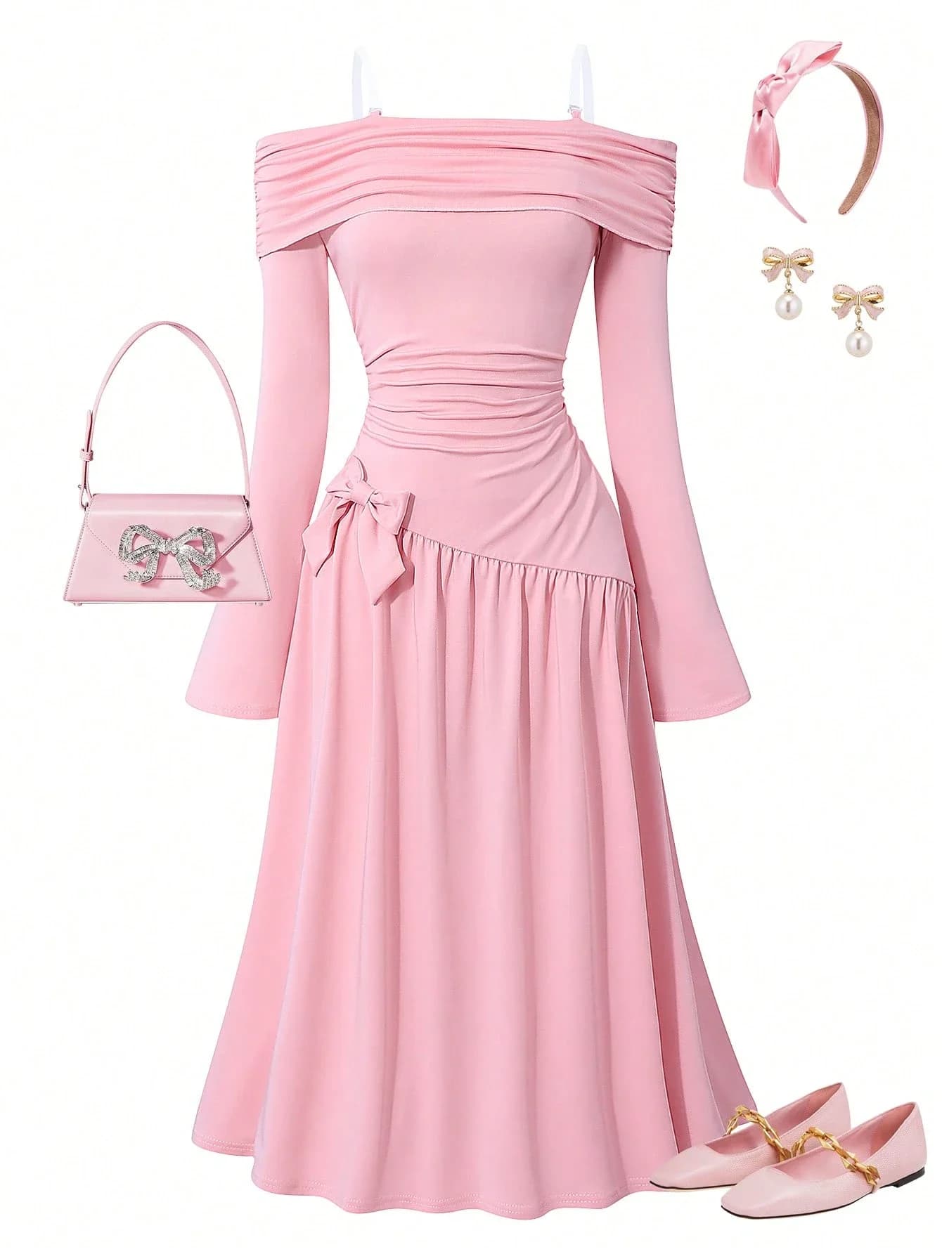 Off Shoulder Ruched Waist Bow Flare Sleeve Midi Dress For Women
