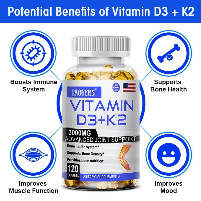 TAOTERS Vitamin D3+K2 supplement to support joint, bone and immune health Non-GMO formula Vitamin D and K complex easy to remove