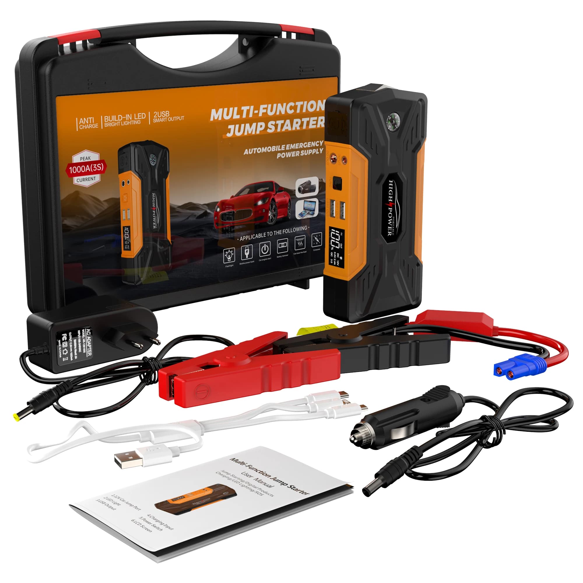 Avviatore d'Emergenza Portatile 99800mAh per Auto, Power Bank 6.0L 1000A di Picco, Uscita Totale 66.6W, Antiscintilla, Luce LED, Booster Batteria di Avviamento