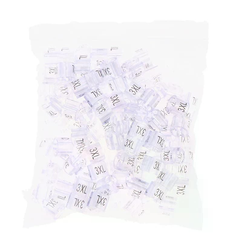 Etichette per appendiabiti 100 pz da XXS a 5XL, marcatori trasparenti in plastica per organizzazione abbigliamento e archiviazione domestica