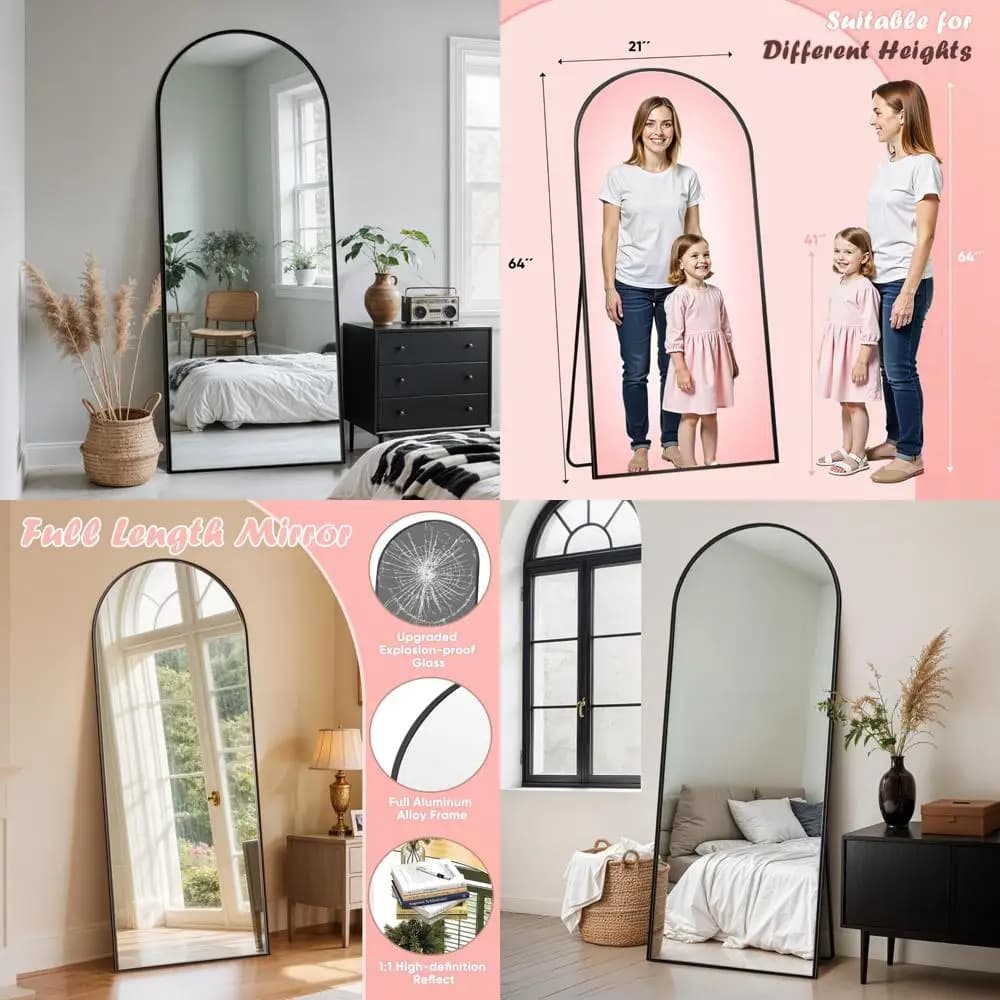 Specchio da terra ad arco grande, specchio da pavimento a figura intera 64 x 21 per la casa, ideale per camere da letto, bagni e soggiorni in nero