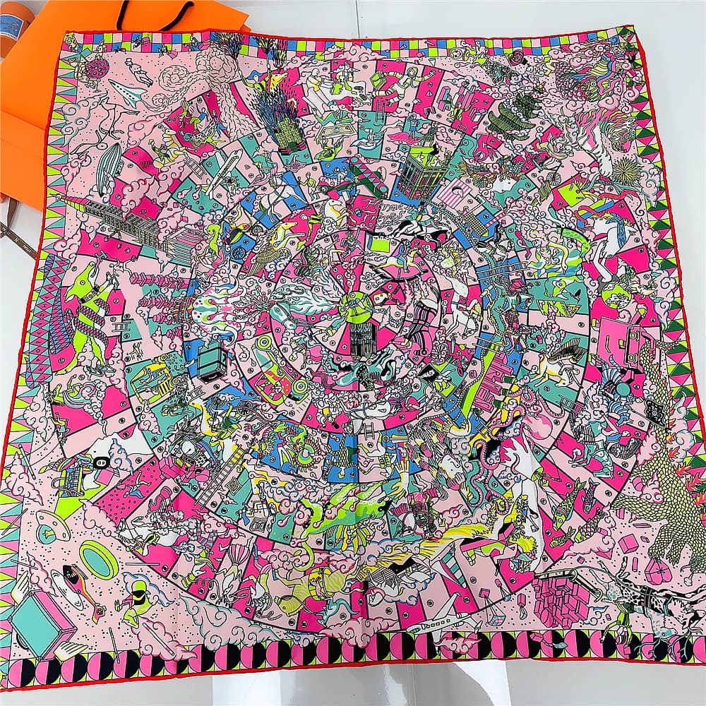 90CM Silk Scarf for Women, Luxury Square Scarf Printed in Hand, Bandana, Hijab