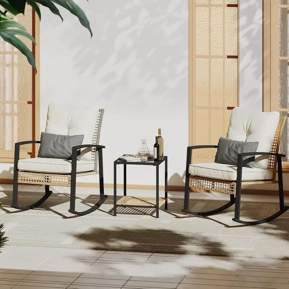 3-Piece Outdoor Patio Rocking Chair Set with Cushioned Rockers and 2-Tier Coffee Table (Beige)
