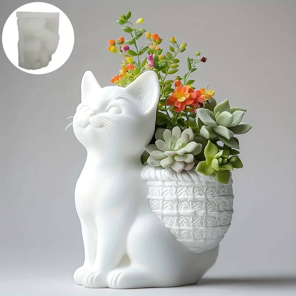 Stampo in silicone per vaso di piante grasse a forma di gatto in posa accovacciata 3D fai da te, stampo in gesso per vaso a forma di gatto carino, scatola portaoggetti, portapenne, stampi per artigianato