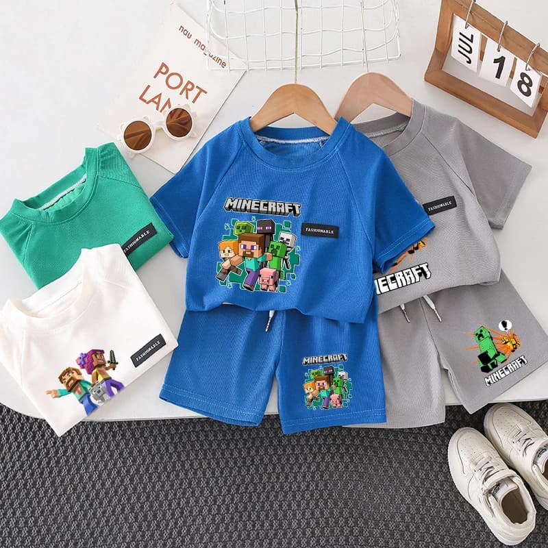 Maglietta a maniche corte Minecrafted per bambini, pantaloni casual, t-shirt in cotone per ragazzo e ragazza, set di pantaloncini carini, vestiti estivi divertenti con meme, regalo di compleanno