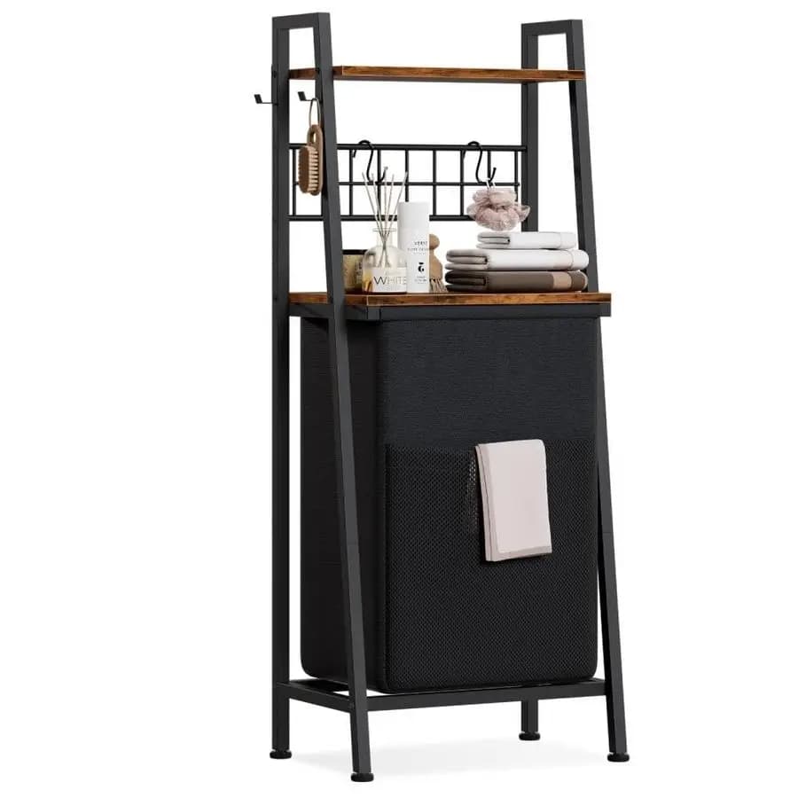 Laundry Hamper, Vertical Laundry Basket with 2 Tiers Wooden Shelf and Hooks, Clothes Hamper with PullOut and Removable Bag for B