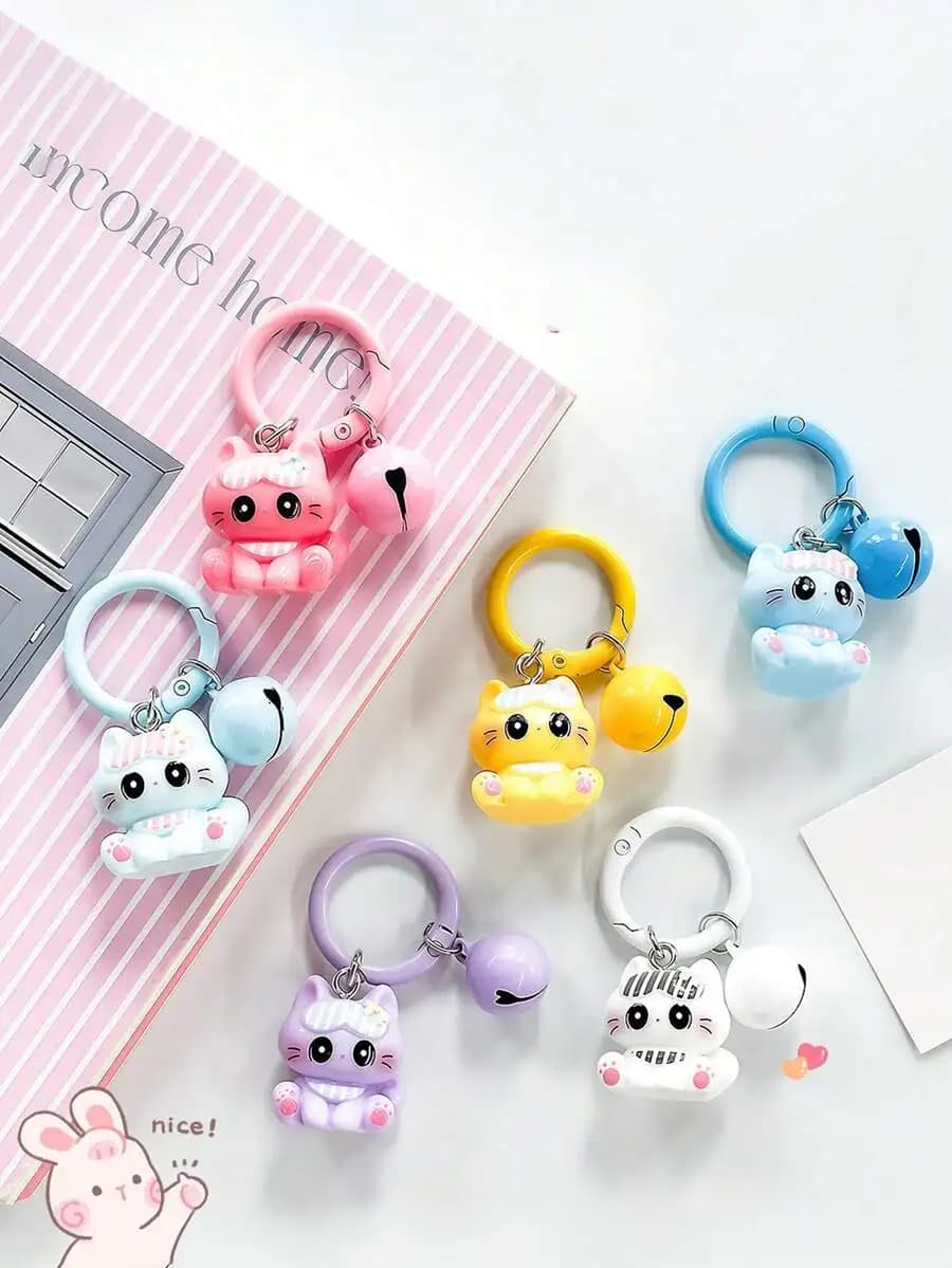 6pcs/Set New 3D Cartoon Cat Bell Keychain, Cute Pendant Decoration For Student Backpack, Girl Bag Accessories, Gift For Friends
