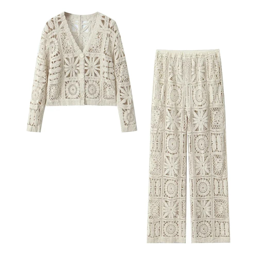 BWQ Set di pantaloni lavorati a maglia cardigan lavorato a maglia con fiori a gancio cavo pigro stile foresta da donna primavera/estate