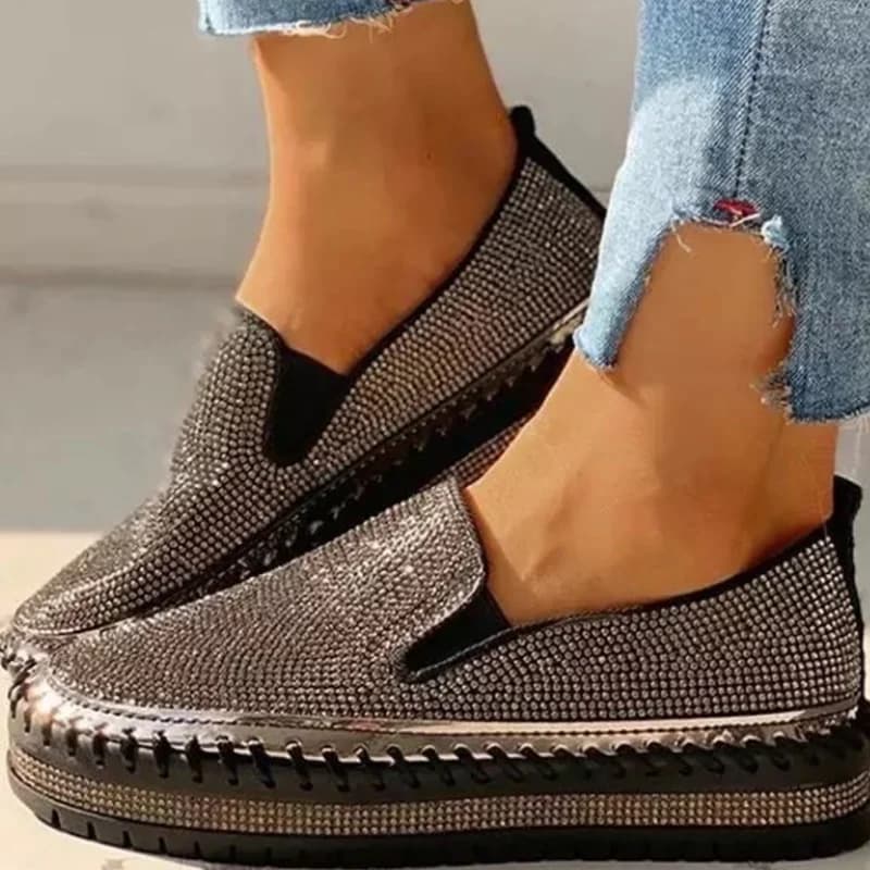 Fashionable women's spring shoes with sparkling crystals, casual women's moccasins with flat plateau, women's shoes WSH4030