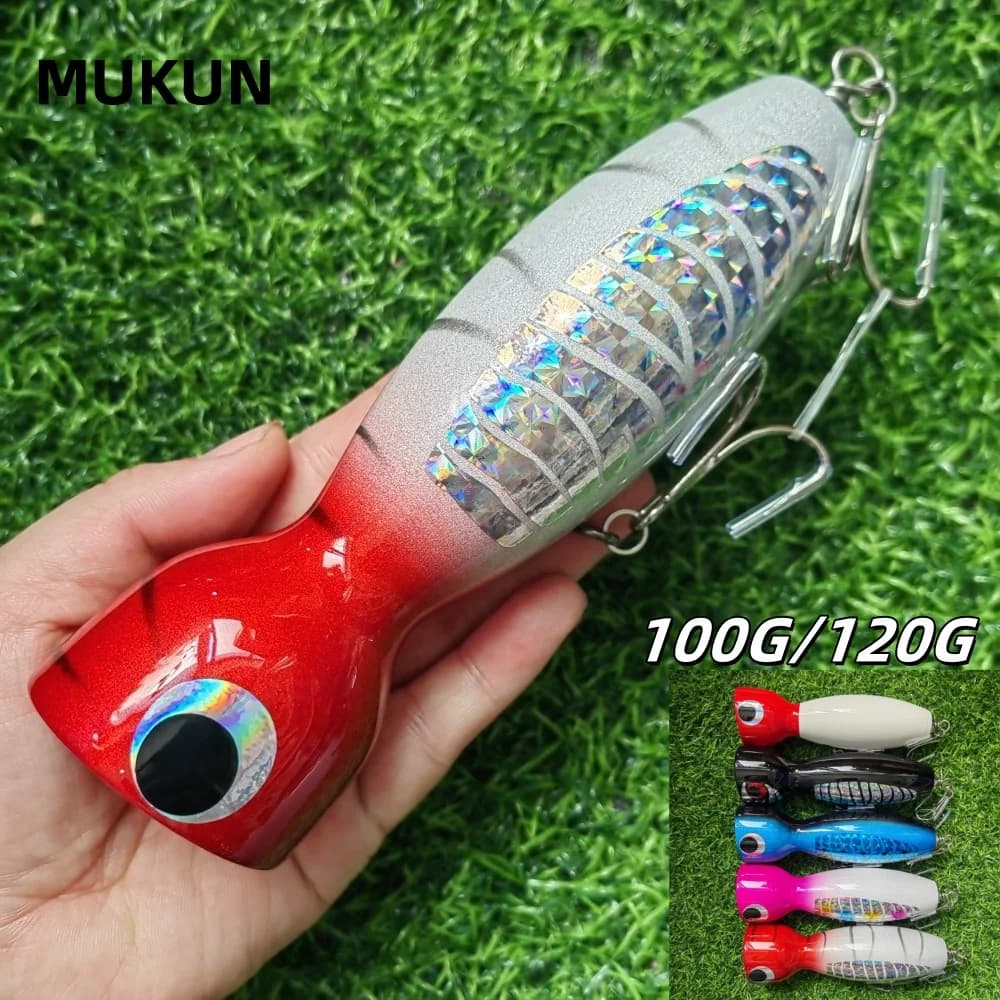 MUKUN Popper Esche 110g/120g/16cm Fatti A Mano In Legno Topwater Richiamo di Pesca Acqua Salata Popper Esca Da Pesca GT Esca Dura