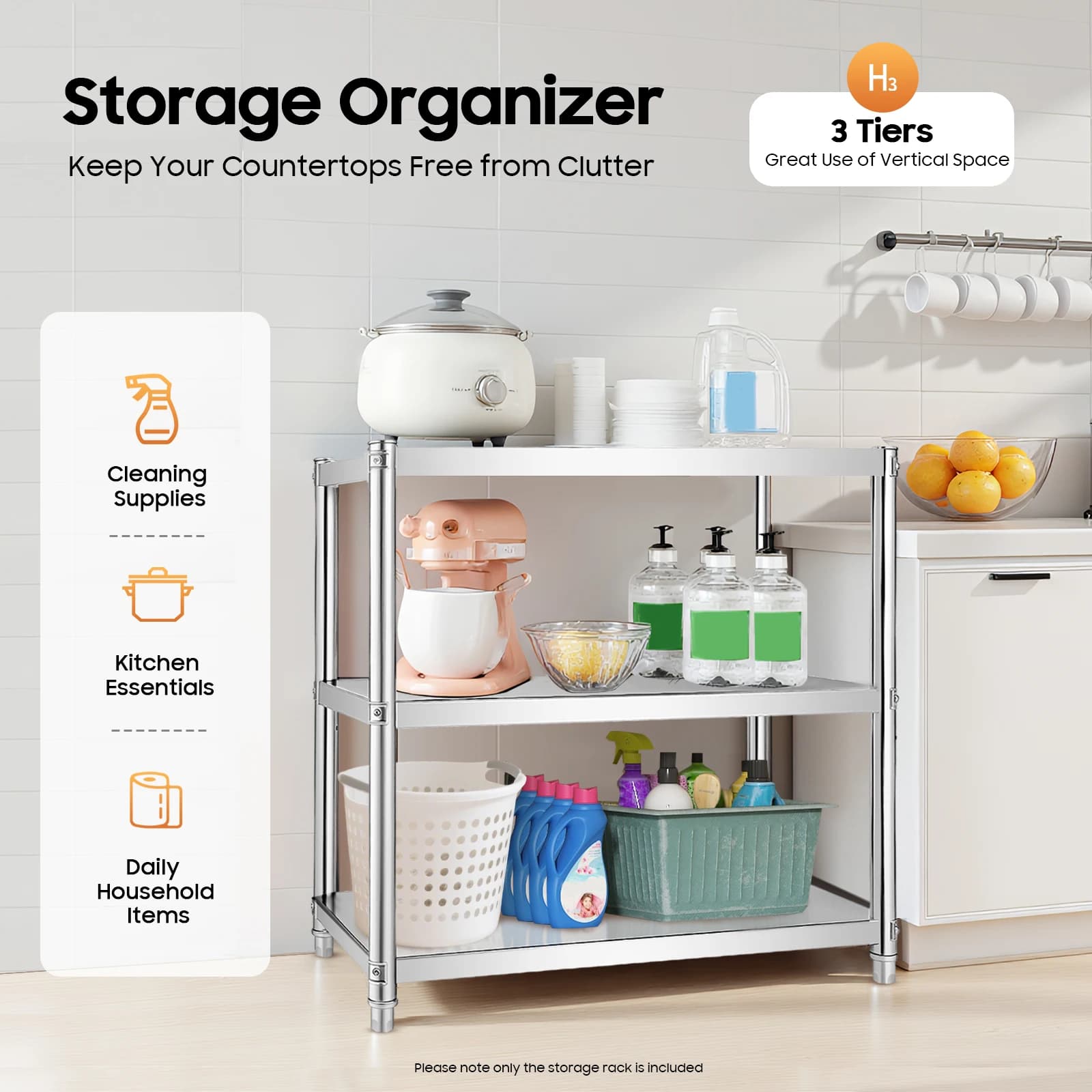 3 Tier Metal Shelf, 80x80x40cm 201 Stainless Steel Storage Shelve, Heavy Duty Kitchen Organizer Rack for Pots Pans Spices