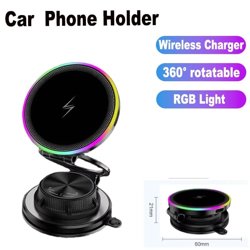 Supporto per telefono da auto con caricatore wireless, ventosa magnetica, luce RGB e rotazione a 360 gradi per smartphone