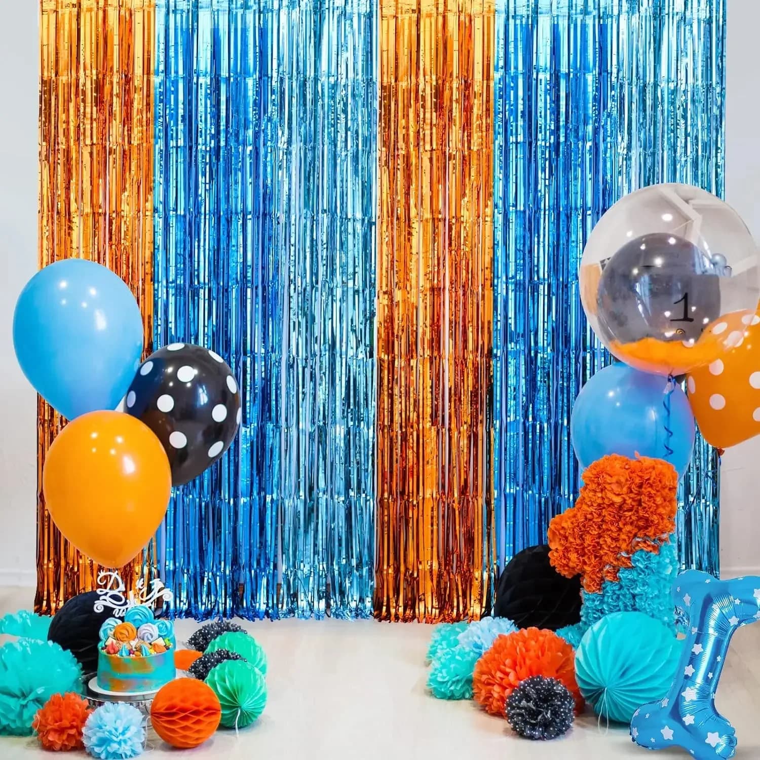 Curtains with fringes in blue orange dog lamina Supplies for birthday parties Mermaid background under the sea Gender RevealParty Decor theme