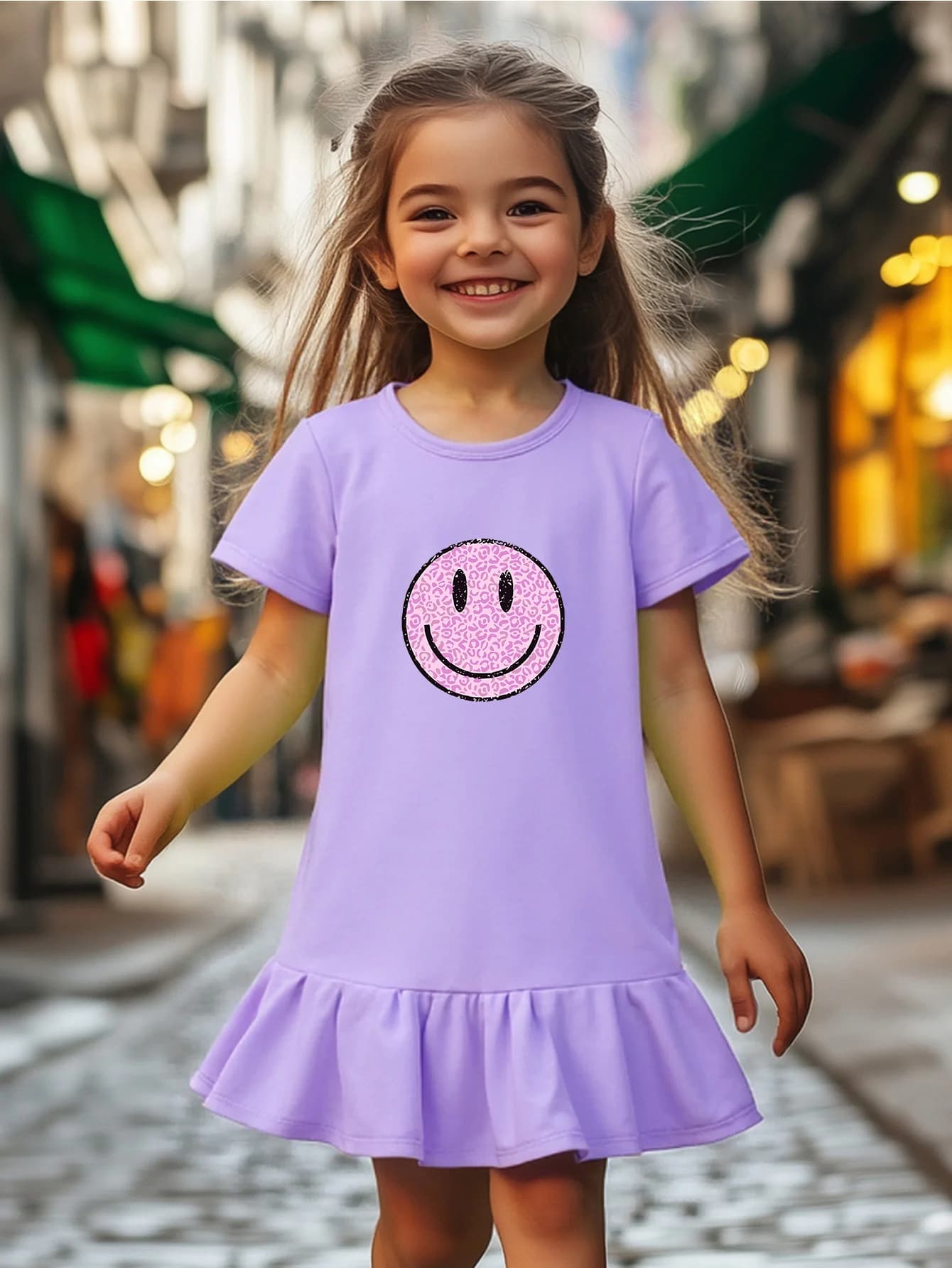 Girls' summer casual dress with facial print design and ruffled hem, soft, breathable and comfortable, easy to match