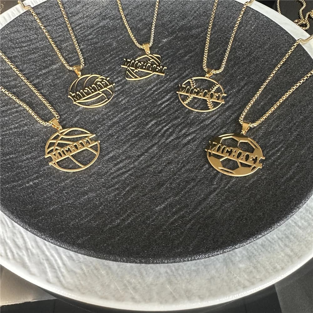 Customized Necklace with Custom Name Stainless Steel Football Volleyball Pendant for Men Football Crew Neckline Jewelry Gift Mesh Chains