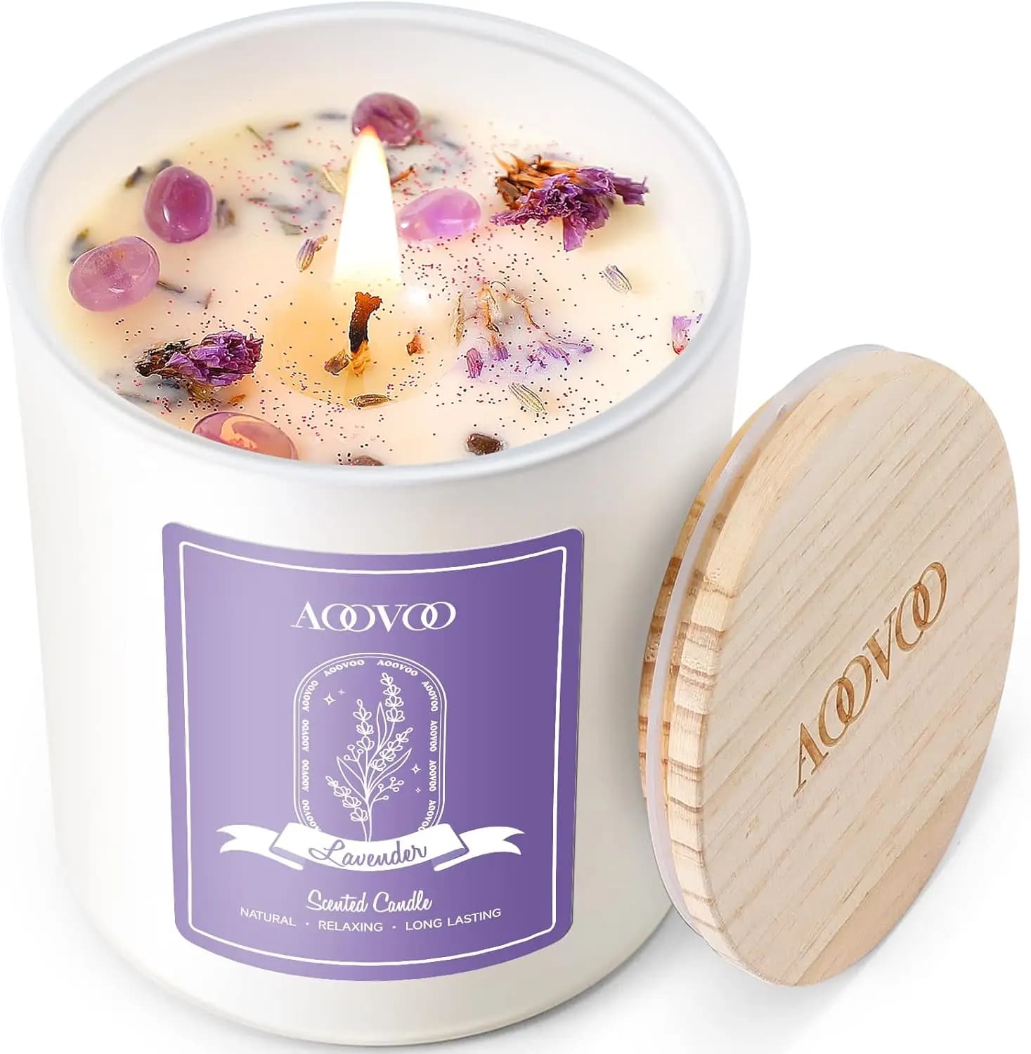 Candela di Soia Profumata alla Lavanda con Cristalli all'Interno - 10oz, Aromaterapia, Decorazione per la Casa, Regalo per Donne