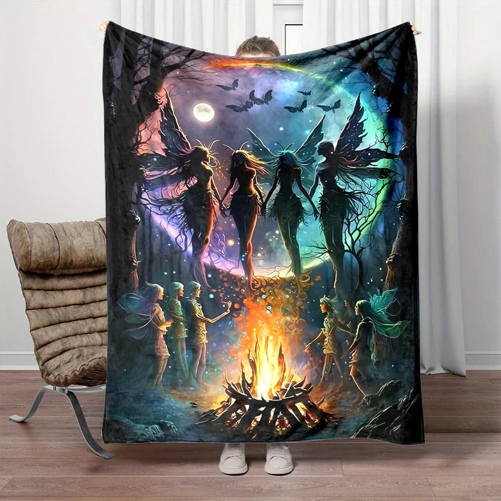 Enchanted Fairy Playing by the Fire Throw Blanket - Soft, Reversible Flannel, Perfect for Bed, Sofa, Camping & Travel - Easy Care, Machine Washable - Available in 3 Sizes