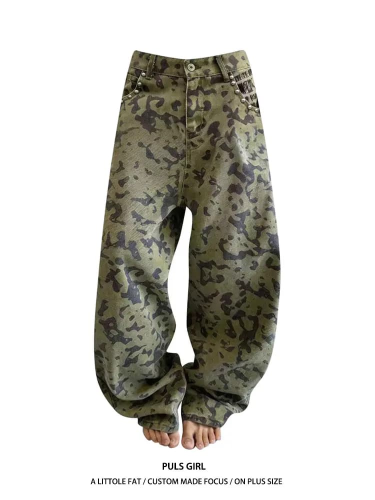 American Retro Large Size Denim Pants Women's High Waist Washed Embellished Knife Loose Wide Leg Long Trousers
