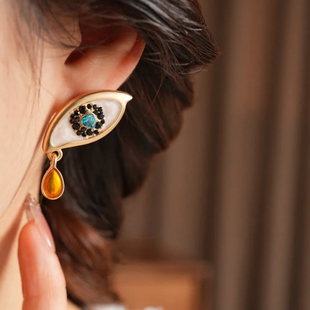 Zircon Devil's Eye Earrings Pleated Crystal Devil's Eye Bohemian Punk Ear Stud Tassel Pendant Luxury Vintage Long Drop Earrings