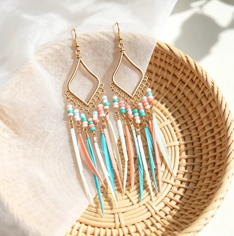 Diamond Metal Frame Macaron Bead Colorful Feather Tassel Dangle Earrings Gold Plated Boho Ethnic Vacation Lightweight Women Jewelry