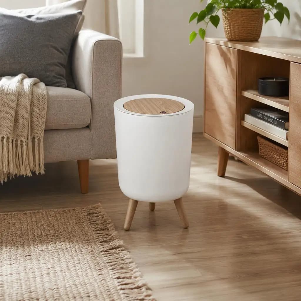 Modern Round Press‑Top Plastic Trash Can, Wood‑Grain Look Lid Waste Bin with 3 Elevated Legs