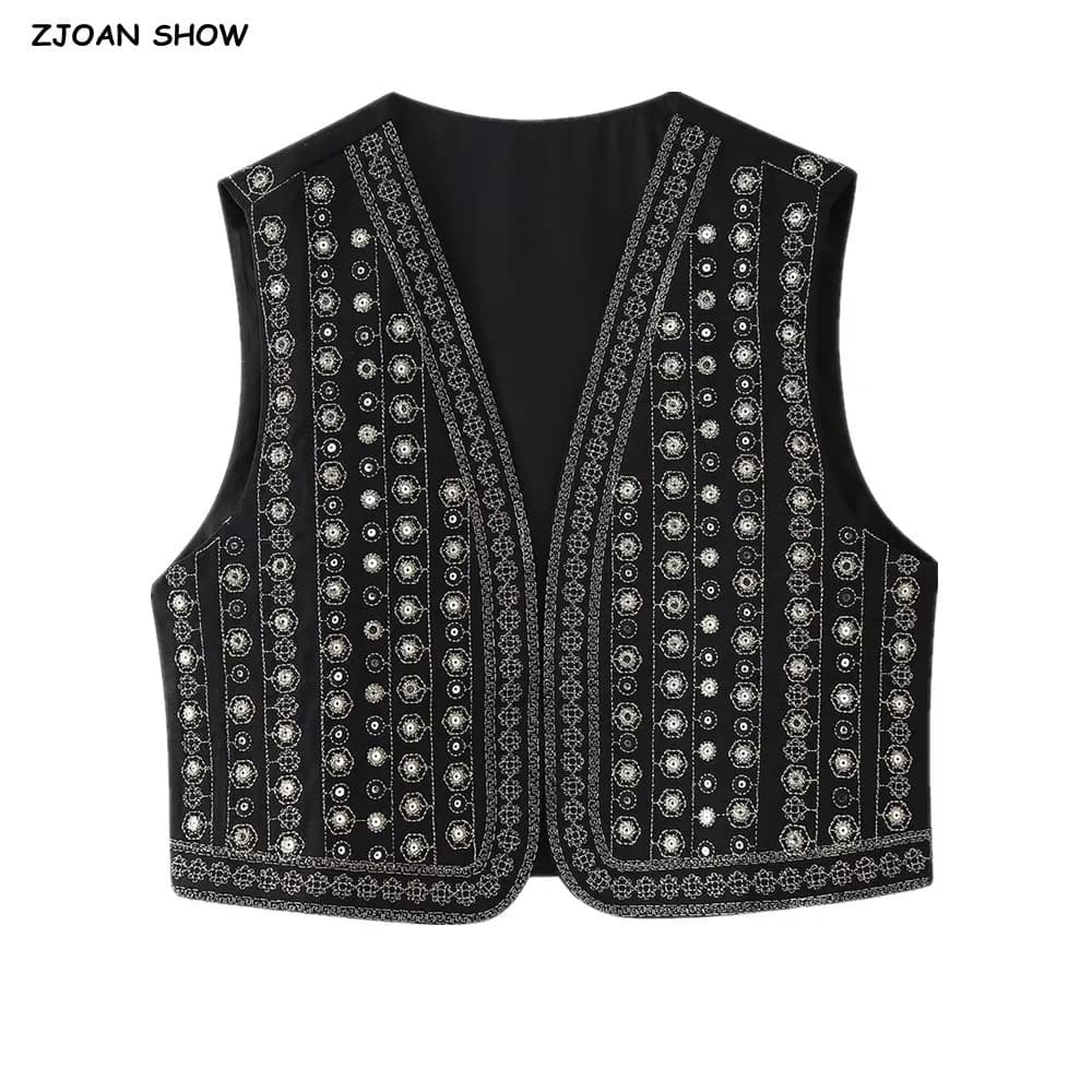 2025 etnico nero ricamo linea bling fiore gilet donna BOHO gilet senza maniche aperto giacca abiti vacanza top larghi