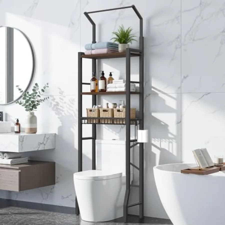 Scaffale portaoggetti da bagno a 3 livelli sopra il WC con cestello regolabile e portasciugamani