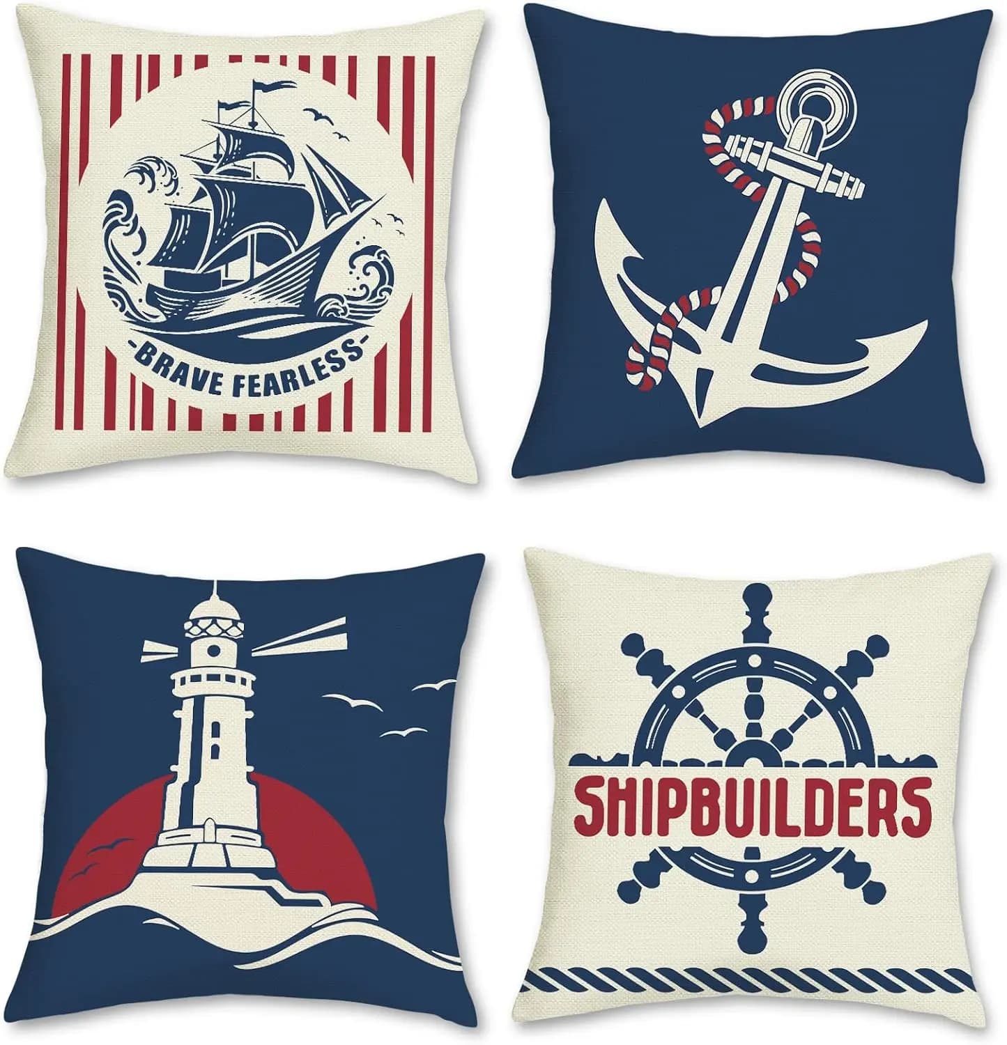 Federe per cuscini nautici estivi, federe decorative per ancoraggio per barche, faro rosso blu navy, per divano letto, casa all'aperto