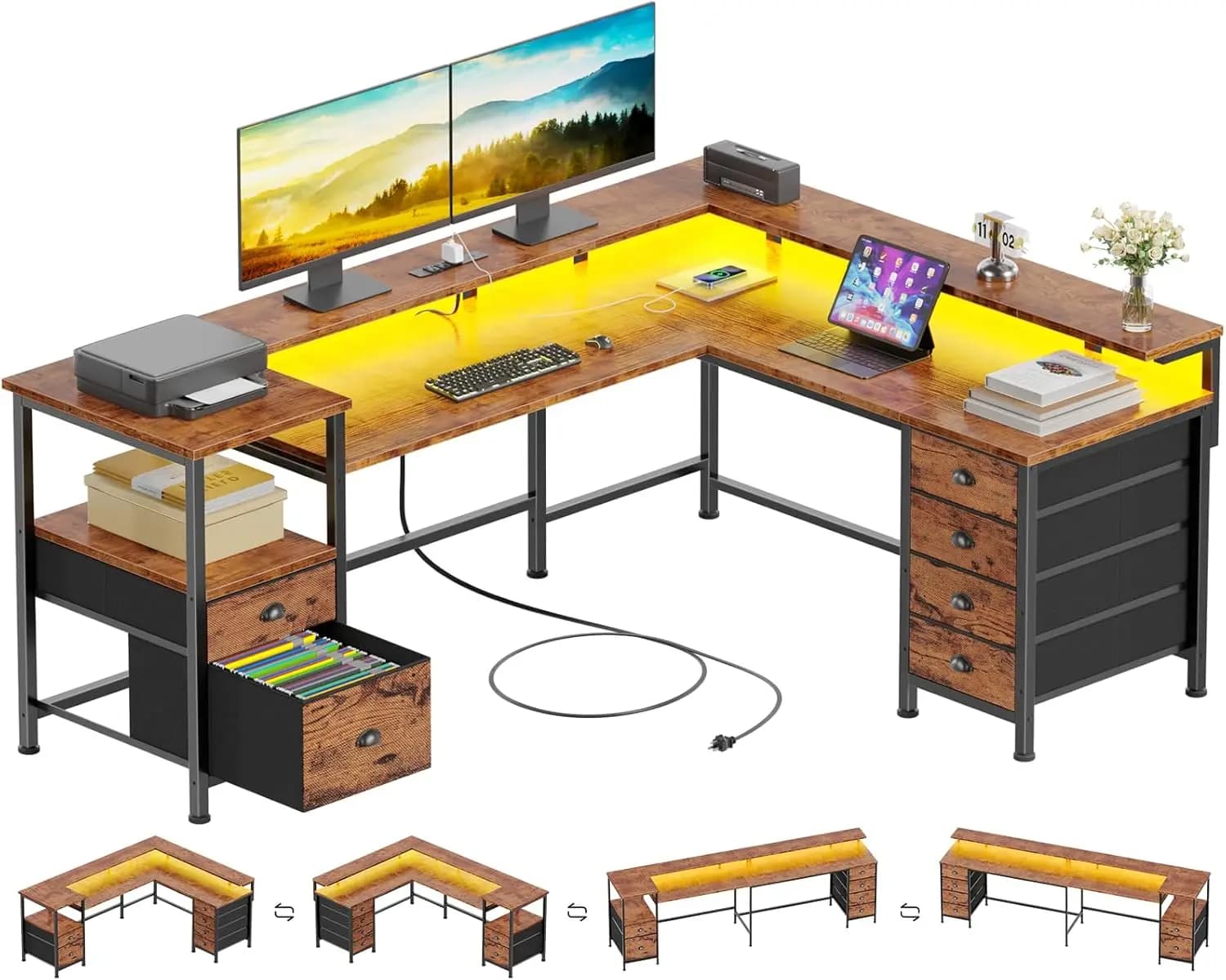 Corner L-Shaped Gaming Desk (66 Inches) with Reversible Configuration, 6 Drawers, Printer Storage Shelves, Power Outlets, LED Lights, and Monitor Stand, Home Office Computer Table in Rustic Brown