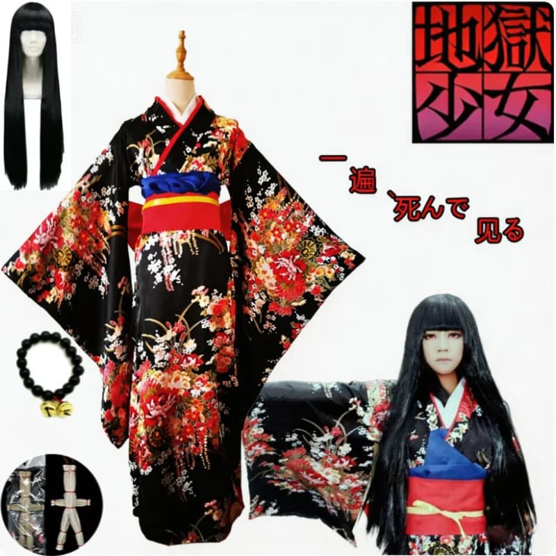 Set di Accessori per Costume di Halloween Anime Jigoku Shoujo Ai Enma: Kimono Furisode Nero e Rosso, Parrucca, Braccialetto con Campanelli e Perline, Bambola di Paglia