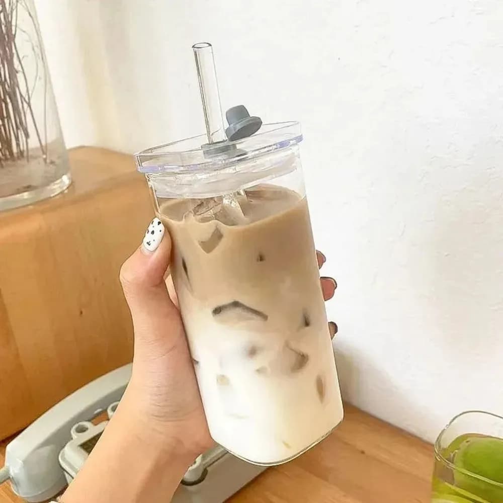 Square Heat Resistant Glass Cup With Lid & Straw Transparent Milk Tea Juice Coffee Mug Home Bar Drinkware