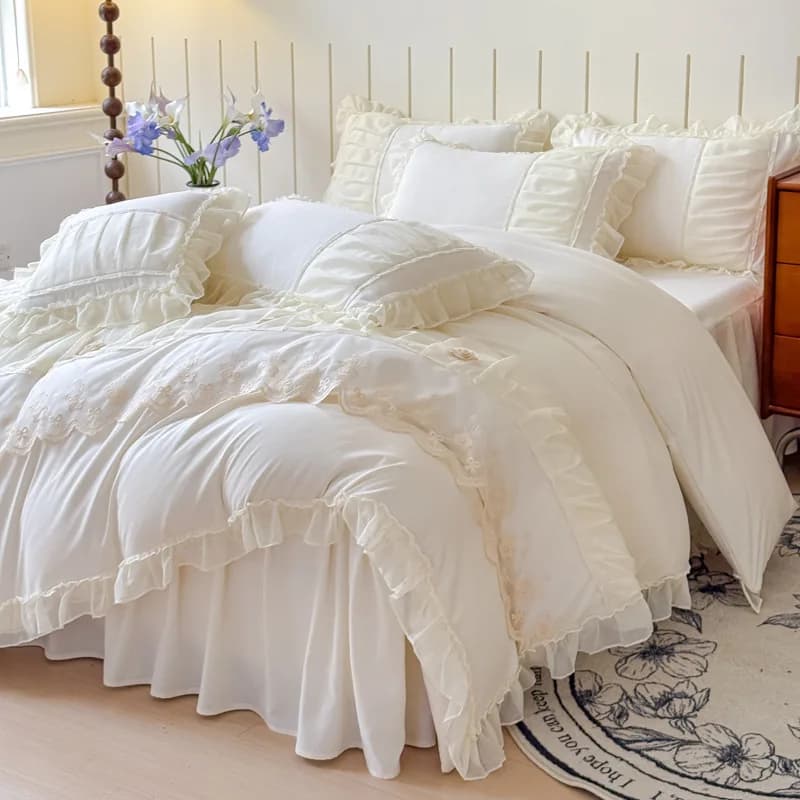 Set di biancheria da letto stile principessa in pizzo di fascia alta Set di lenzuola confortevole e delicato sulla pelle, biancheria da letto matrimoniale per tutte le stagioni