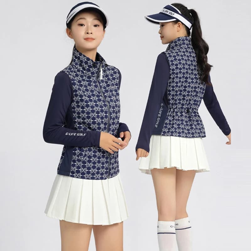 G-LIFE Giacche da golf da donna con colletto alla coreana Gilet senza maniche stampato Mantieni caldo Cappotto da golf Gonna a pieghe bianca Gonna sportiva da donna