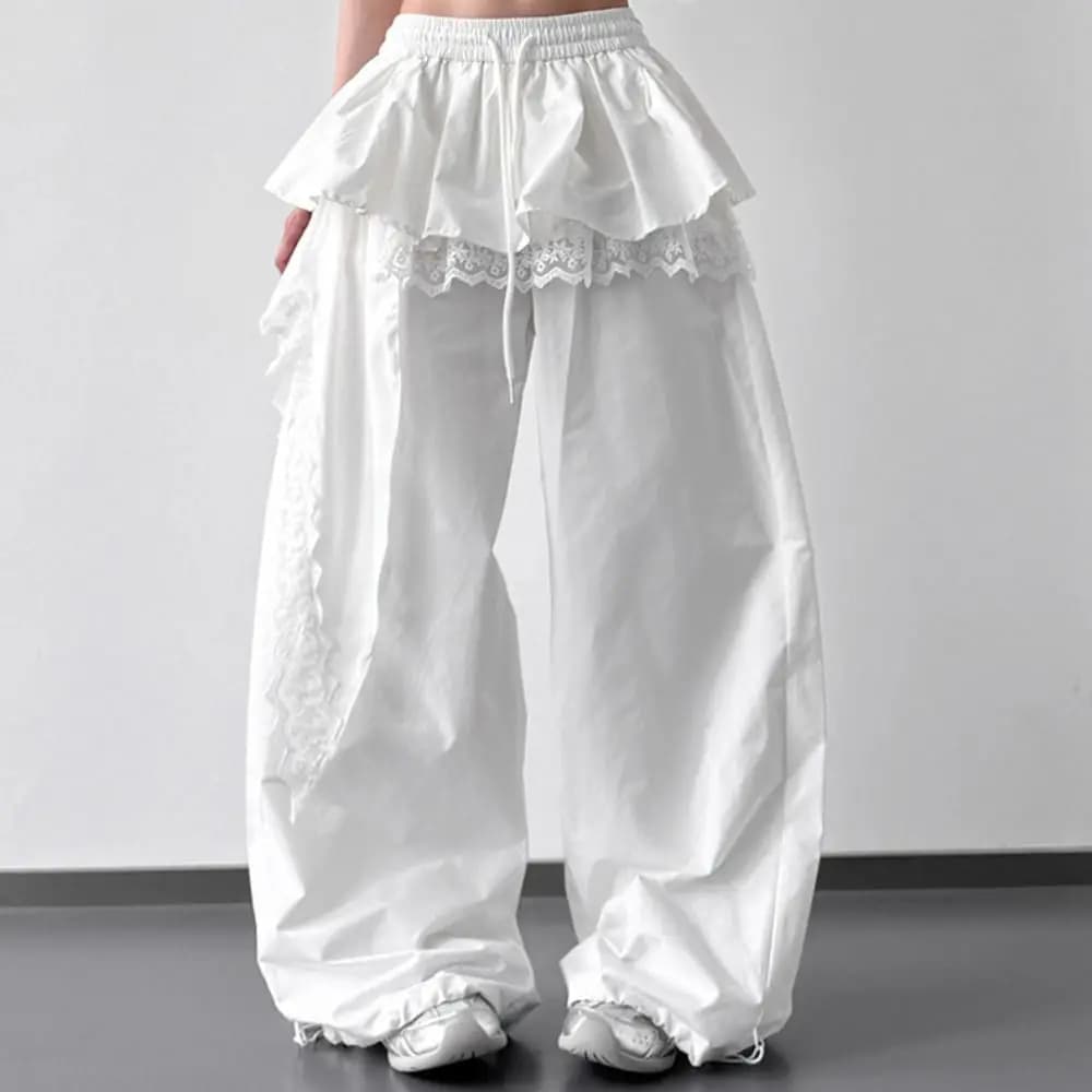 Moda giovani donne pantaloni patchwork in pizzo pantaloni larghi a vita alta in pizzo gonna a strati pantaloni casual con coulisse pantaloni a gamba larga festa
