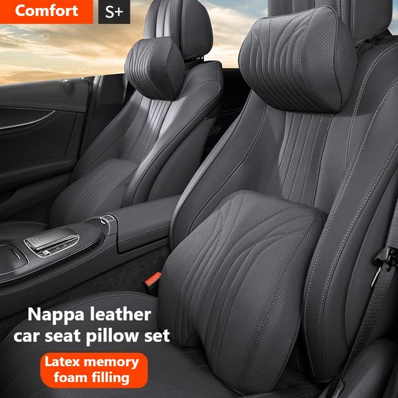 Soft Nappa Leather Car Seat Pillow Set Memory Foam Car Neck Pillow Waist Pillow Seat Accessories Car Headrest and Lumbar Support