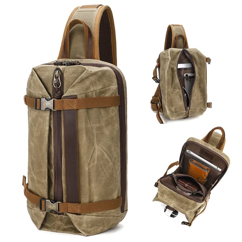 Men Single Shoulder Crossbody Sling Backpack Chest Bag Vintage Large Capacity Waxed Canvas Waterproof Outdoor Messenger Bag
