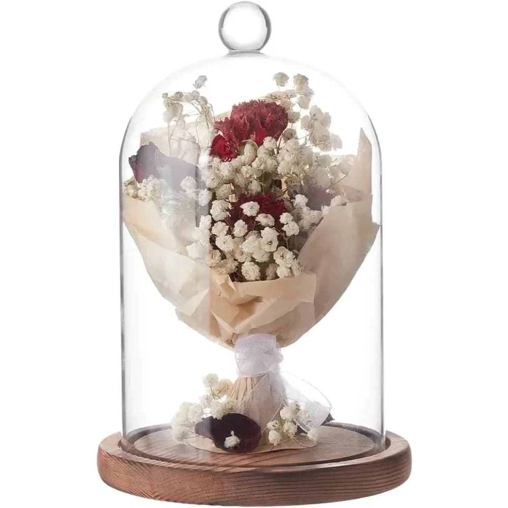 1pc 7x5 pollici cupola di vetro cloche con base in legno campana rustica vaso display campana di vetro trasparente cloche per piante lucine o tavolo