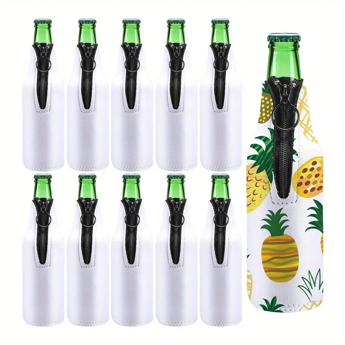 10 pezzi di sublimazione Blanks manicotti di raffreddamento per bottiglie di birra, manicotto in Neoprene bianco/nero con maniche di birra con cerniera per bottiglie Can Cooler