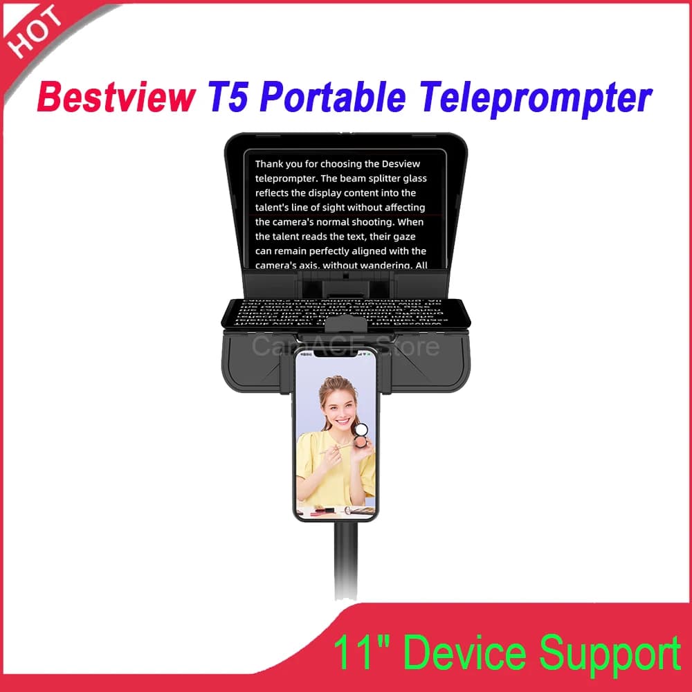 Bestview T5 11" Live Streaming Teleprompter Remote-Controlled Portable for Phone/Tablet/DSLR Clear Display for Smooth Hosting