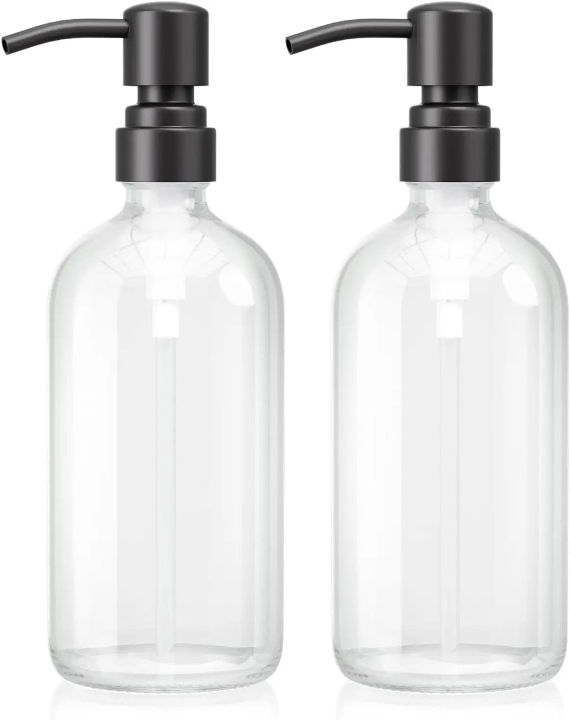 Set di 2 Dispenser di Sapone in Vetro con Pompa in Acciaio Inox, 500 ml Trasparente e Nero per Bagno e Cucina