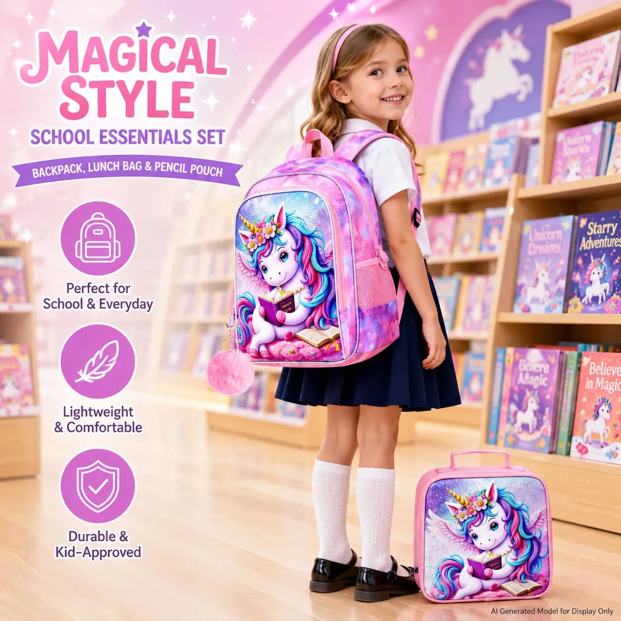 3Pcs 16 Inch UV‑Print Reading Unicorn Backpack Set Cute Cartoon School Travel Bag For Girls Kids