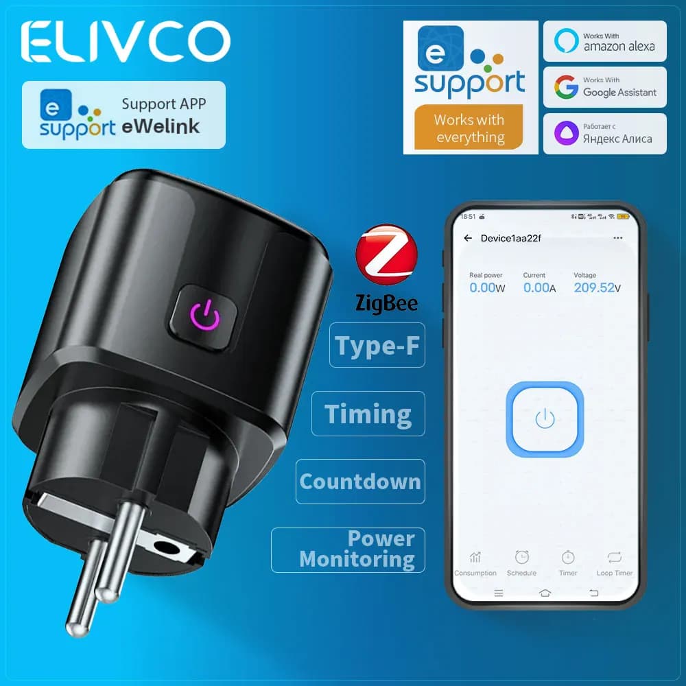 Presa intelligente eWelink Zigbee 16A con funzione timer/conto alla rovescia/monitoraggio della potenza, compatibile con Home Assistant/Google Assistant/Alexa