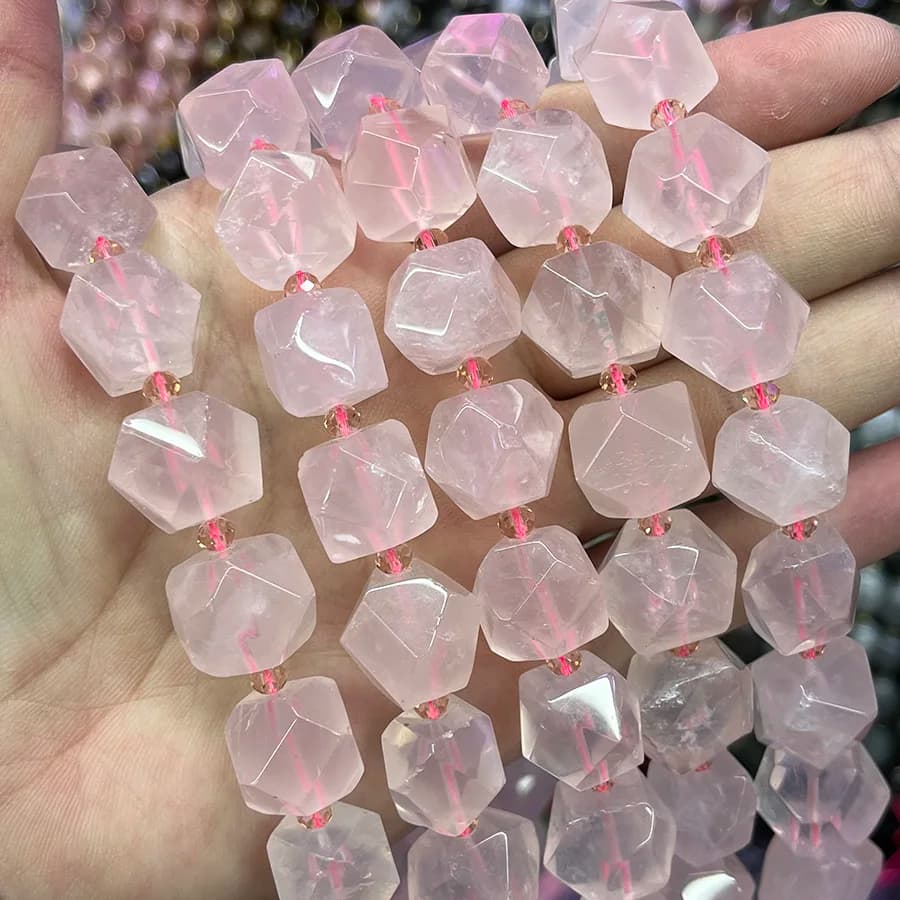 Cristallo rosa naturale fatto a mano, sfaccettato, a forma di cubo irregolare, perline sciolte in pietra per la creazione di gioielli fai da te, braccialetti, collane, 15“ 12-13 mm