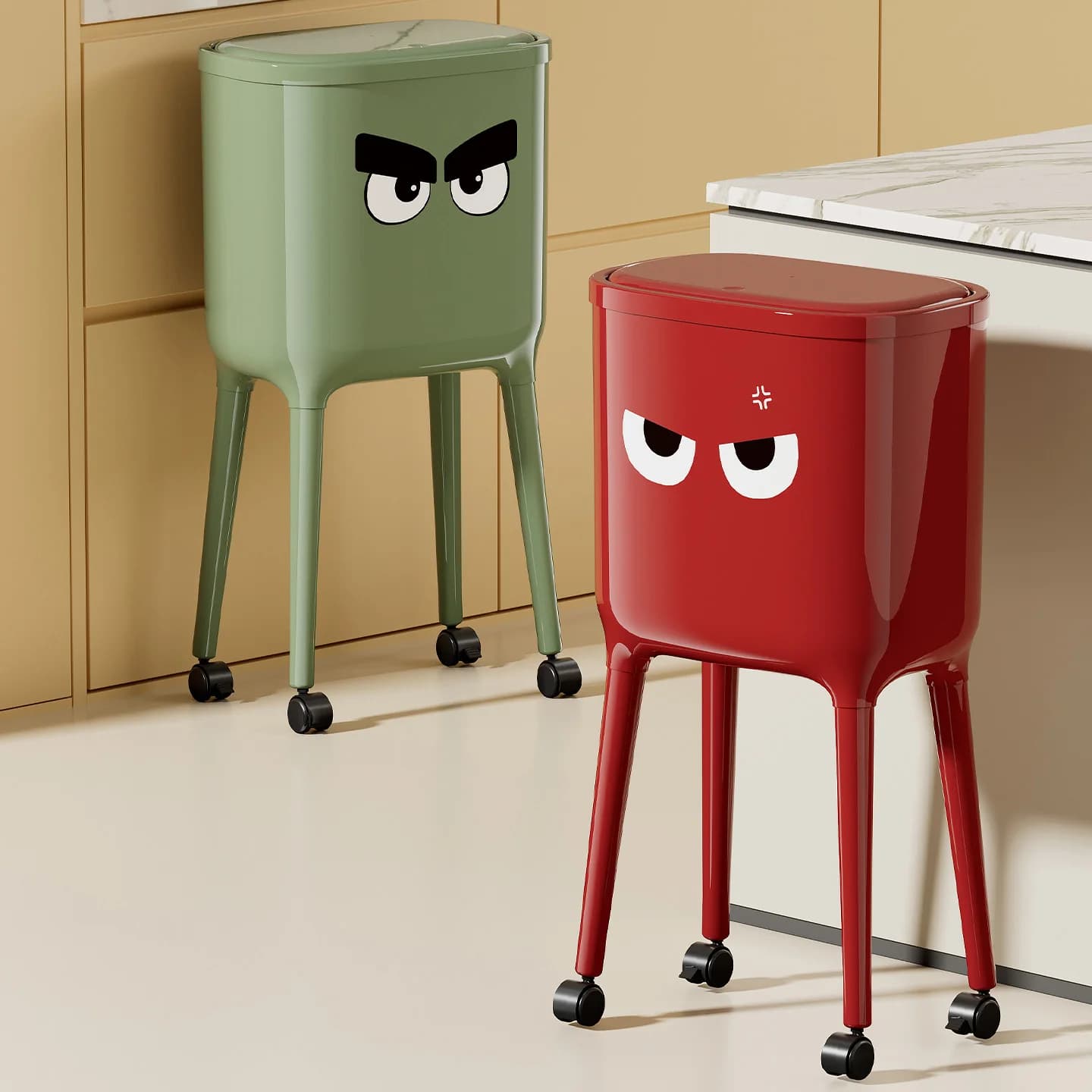 High-leg Bin, No Bending Required, Press-to-Open Lid Design—Large-Capacity Oval Kitchen/Living Room Bin, Durable Plastic
