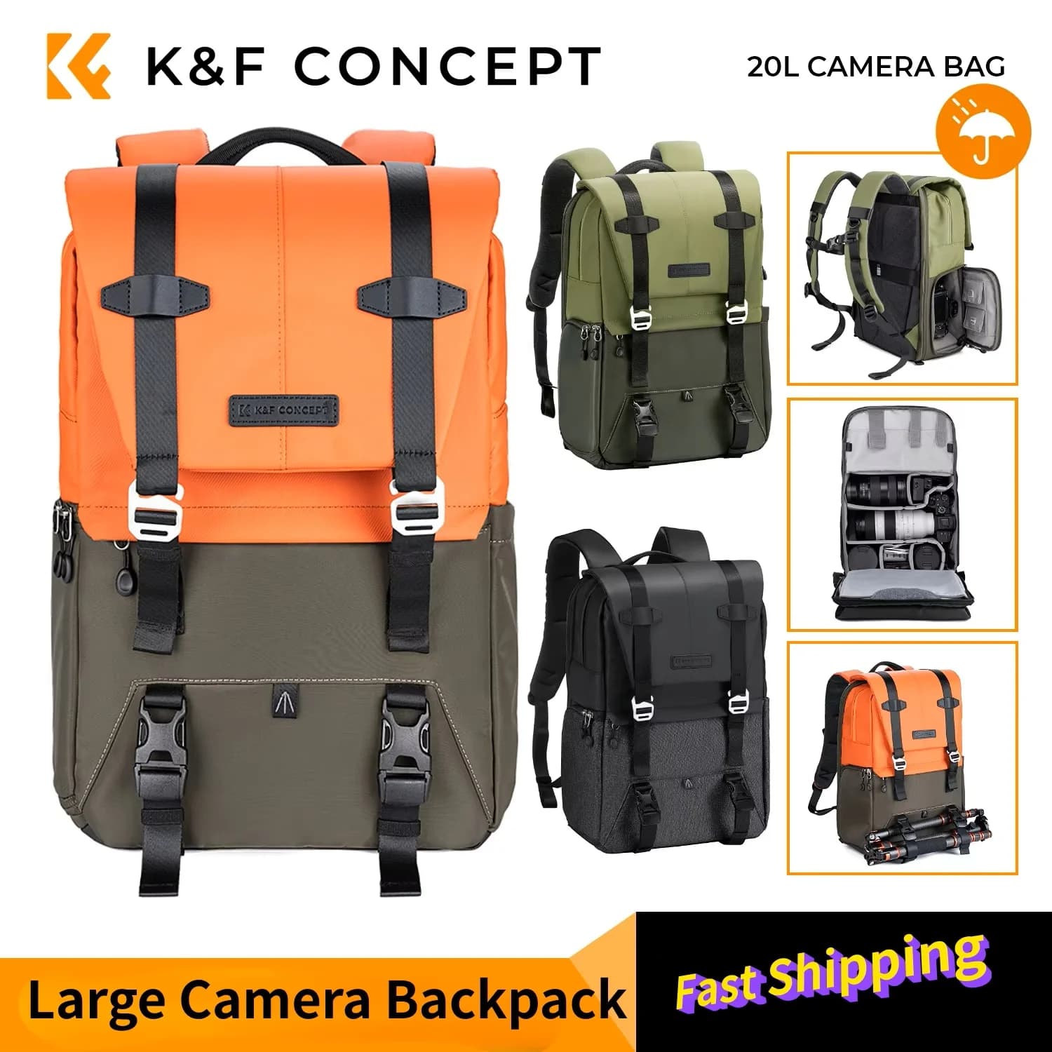 K&F CONCEPT Photo Backpack, Large Capacity Camera Travel Bag with Side Rain Cover for Tripod, Suitable for Laptop 15.6 Inch