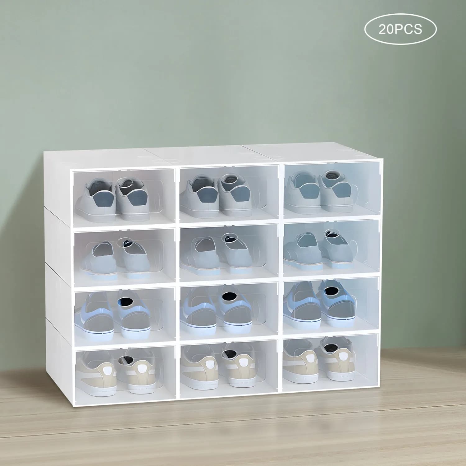 20 PCS Shoe Storage Boxes,Clear Plastic Clamshell Shoebox Stackable Shoe Organizer Foldable Display Box Container Closet Shelf Display Case Ventilation