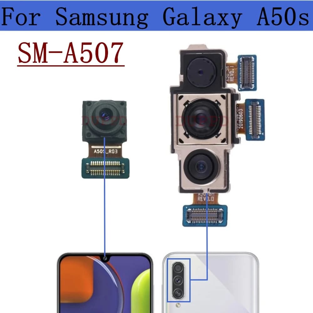 Modulo fotocamera posteriore per Samsung Galaxy A50s A507F A507FN, cavo flessibile per fotocamera frontale selfie e fotocamera principale posteriore grandangolare